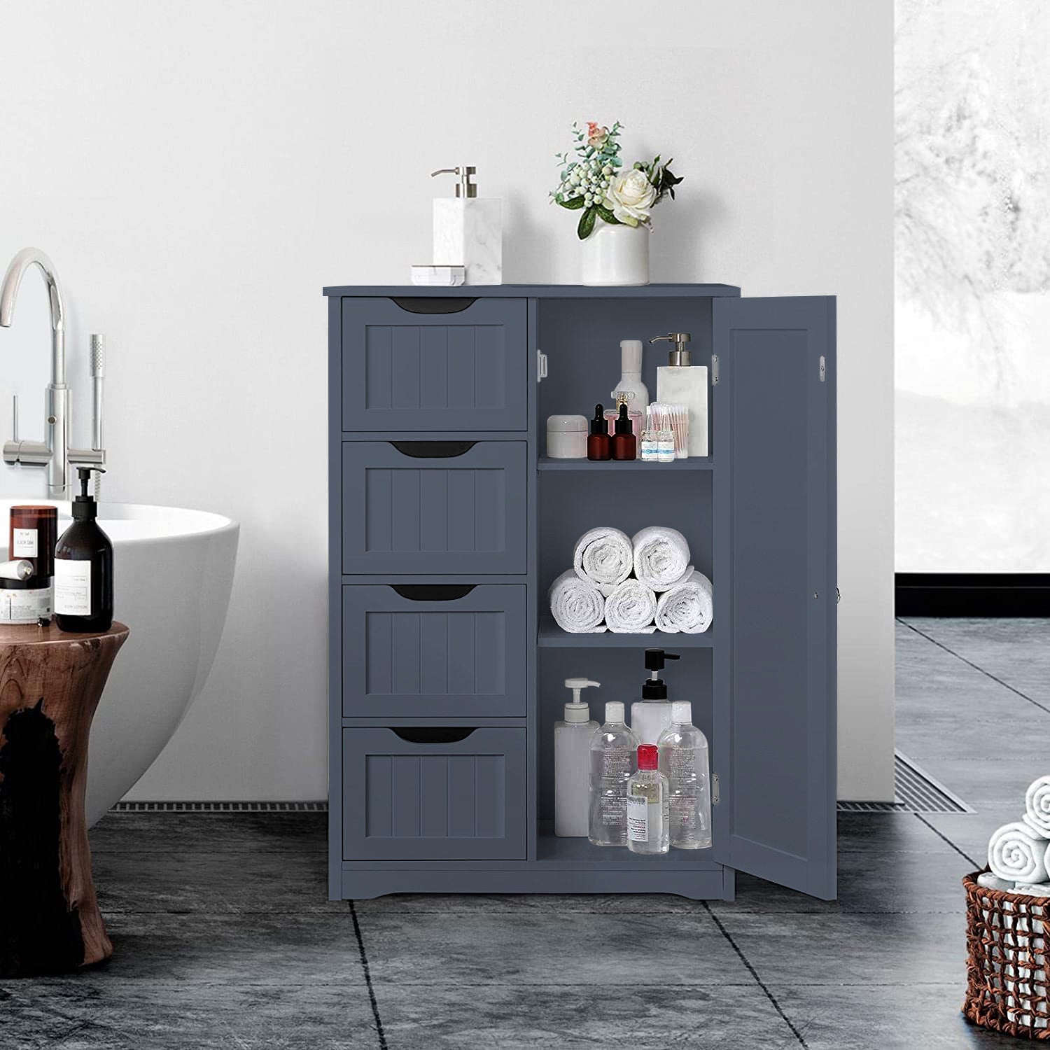 Gray 4-drawer floor cabinet with adjustable shelf
White MDF bathroom storage cabinet
Side view of modern drawer cabinet
Floor cabinet with 4 drawers and 1 door
Compact utility cabinet for kitchen or bath