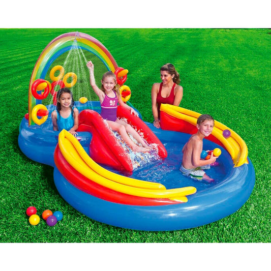 Rainbow-themed inflatable paddling pool with slide

Children playing on Intex Rainbow Ring pool with water sprayer

Complete top-down view of inflatable play center

Interactive game zone on Intex kids water park