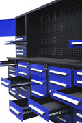 Deluxe 10 FT Tool Workbench System with 40 Red Drawers and Pegboard

Drawer Detail: Lockable Red Tool Cabinet Drawers with Smooth Slides

Pegboard View: Steel Pegboard Panel with Hanging Tool Storage

Blue Variant: Blue 10 FT Tool Cabinet Workstation with Upper and Lower Cabinets

Side Angle: Heavy-Duty Tool Workbench in Blue or Red Finish – Side Profile