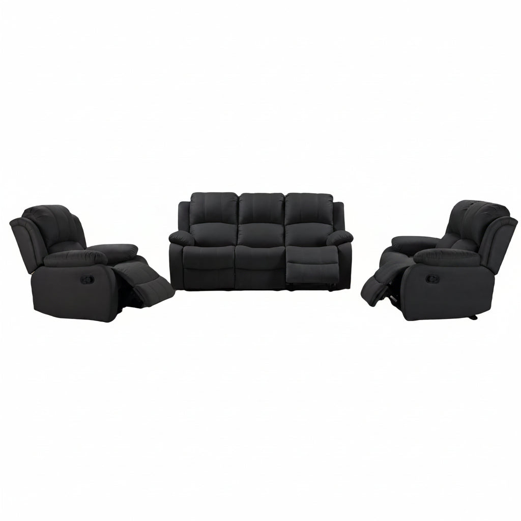 3-piece recliner set – Nubuck air leather in black

Reclining loveseat and chair with padded arms

Reclining living room furniture set – gray

Close-up of faux leather texture on modern recliner

Full living room setup featuring 3 recliner pieces