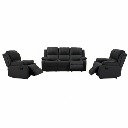 3-piece recliner set – Nubuck air leather in black

Reclining loveseat and chair with padded arms

Reclining living room furniture set – gray

Close-up of faux leather texture on modern recliner

Full living room setup featuring 3 recliner pieces