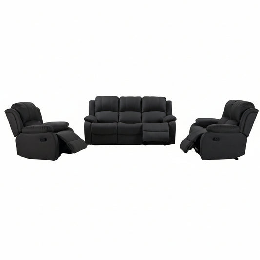 3-piece recliner set – Nubuck air leather in black

Reclining loveseat and chair with padded arms

Reclining living room furniture set – gray

Close-up of faux leather texture on modern recliner

Full living room setup featuring 3 recliner pieces