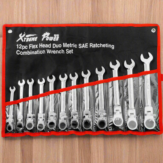 12-piece chrome folding ratchet wrench set with case
Compact ratchet wrench set with metric and SAE tools
Heavy-duty chrome-plated ratcheting wrenches
Silver mechanic wrench kit in a foldable organizer