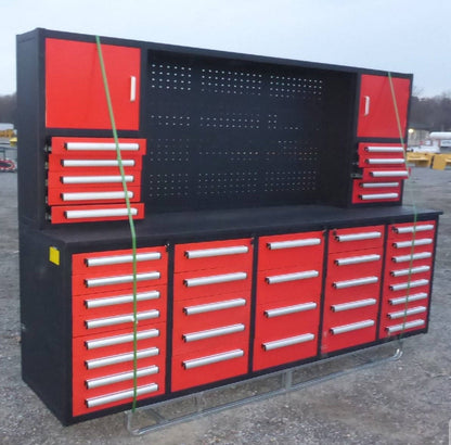 Deluxe 10 FT Tool Workbench System with 40 Red Drawers and Pegboard

Drawer Detail: Lockable Red Tool Cabinet Drawers with Smooth Slides

Pegboard View: Steel Pegboard Panel with Hanging Tool Storage

Blue Variant: Blue 10 FT Tool Cabinet Workstation with Upper and Lower Cabinets

Side Angle: Heavy-Duty Tool Workbench in Blue or Red Finish – Side Profile