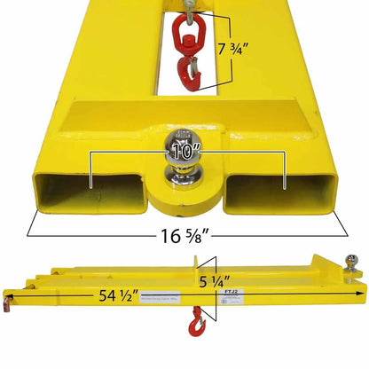 Fork-mounted towing jib attachment with yellow finish

Forklift towing jib with 4,400 lb lifting hook

Heavy-duty forklift jib with safety locking bar

Warehouse-ready towing jib for pallet forks

Yellow towing attachment for industrial lifting
