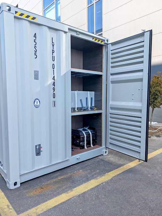 Exterior view of 40 FT insulated container office cabin
Interior layout showing vinyl flooring and workstations
TPS insulated walls and faux leather trim details
Plumbing and water system built into mobile cabin
Rear angle showing door and window design