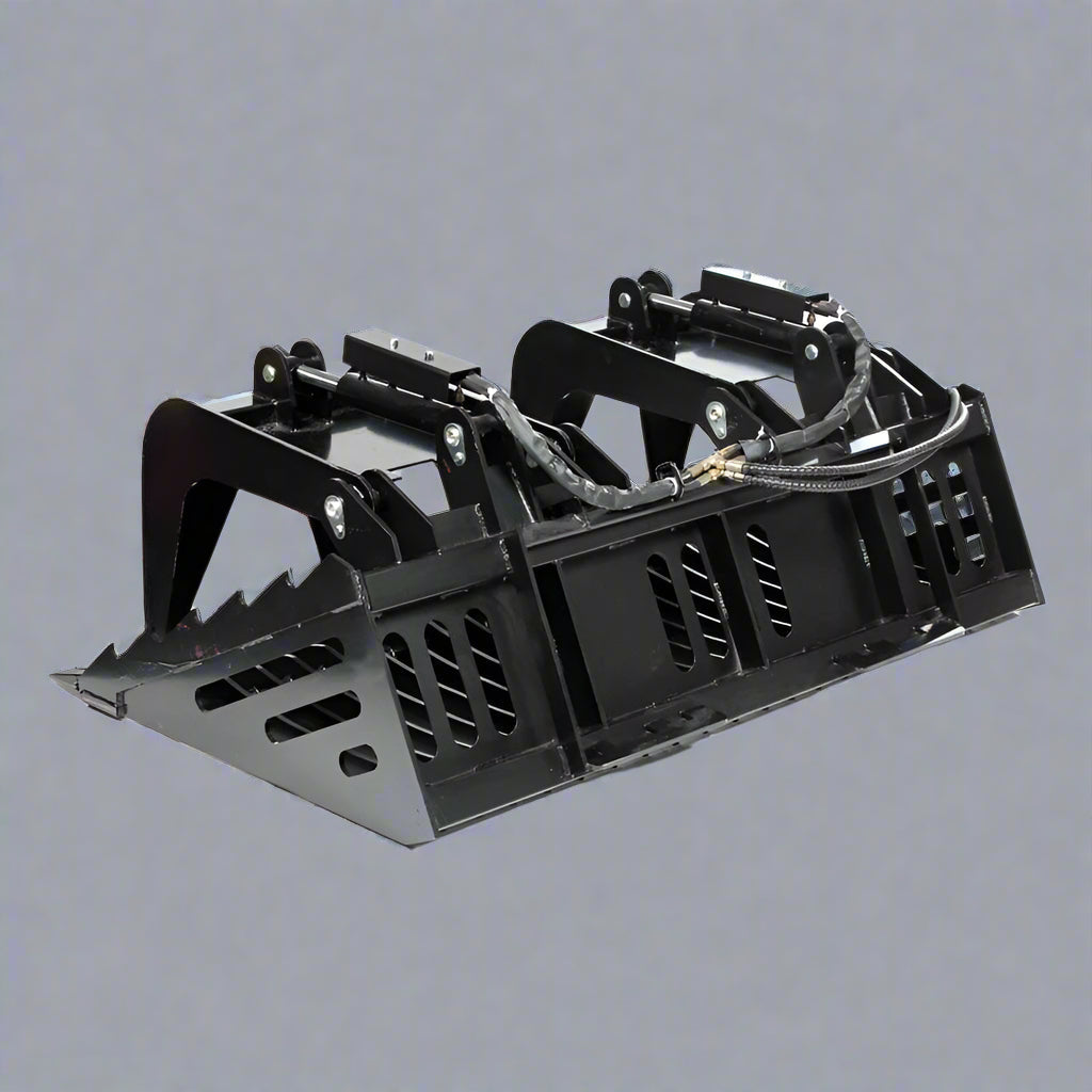Skeleton grapple bucket with dual hydraulic arms

72-inch rock bucket with fine grade tine spacing

Skid steer rock rake attachment for sorting debris

Side view of grapple arms open and closed