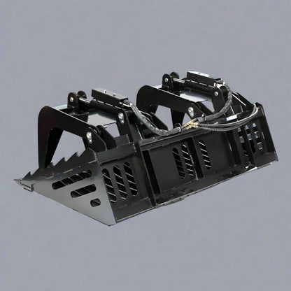 Skeleton grapple bucket with dual hydraulic arms

72-inch rock bucket with fine grade tine spacing

Skid steer rock rake attachment for sorting debris

Side view of grapple arms open and closed