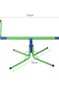Kids spinning on green 360° seesaw in backyard
360-degree rotating seesaw with blue seats and soft handles
Outdoor seesaw with rotation and bounce action
Side view of children playing on rotating seesaw
Playground toy for toddlers and young kids