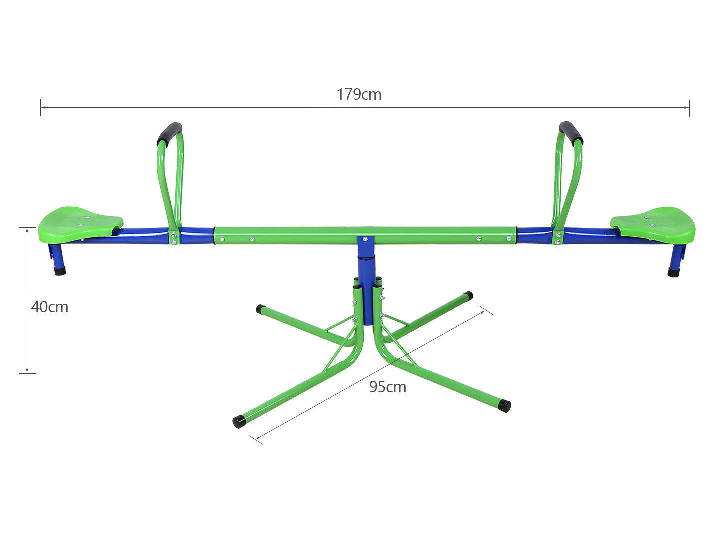 Kids spinning on green 360° seesaw in backyard
360-degree rotating seesaw with blue seats and soft handles
Outdoor seesaw with rotation and bounce action
Side view of children playing on rotating seesaw
Playground toy for toddlers and young kids