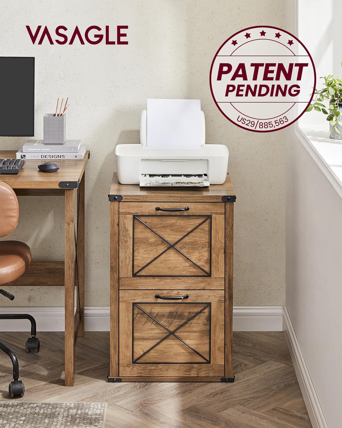2 Drawer File Cabinet with Hanging File Storage, Farmhouse Filing Cabinet and Printer Stand for A4 and Letter Size Documents OFC048T series - with Honey Brown | Sold by Uncle Wiener's Wholesale