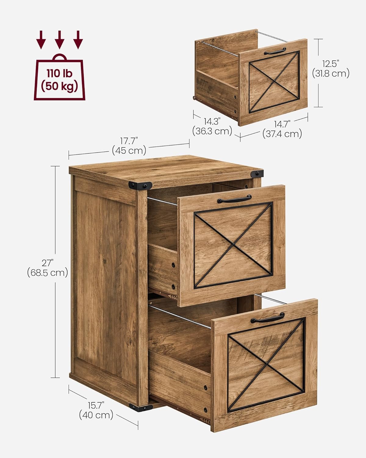 2 Drawer File Cabinet with Hanging File Storage, Farmhouse Filing Cabinet and Printer Stand for A4 and Letter Size Documents OFC048T series - with Honey Brown | Sold by Uncle Wiener's Wholesale