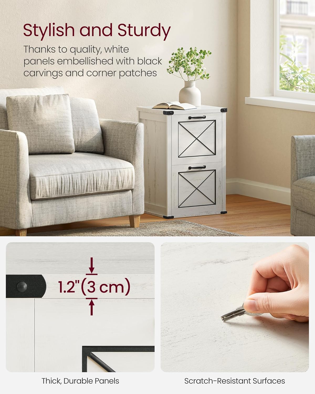 2 Drawer File Cabinet with Hanging File Storage, Farmhouse Filing Cabinet and Printer Stand for A4 and Letter Size Documents OFC048T series - with Rustic White | Sold by Uncle Wiener's Wholesale