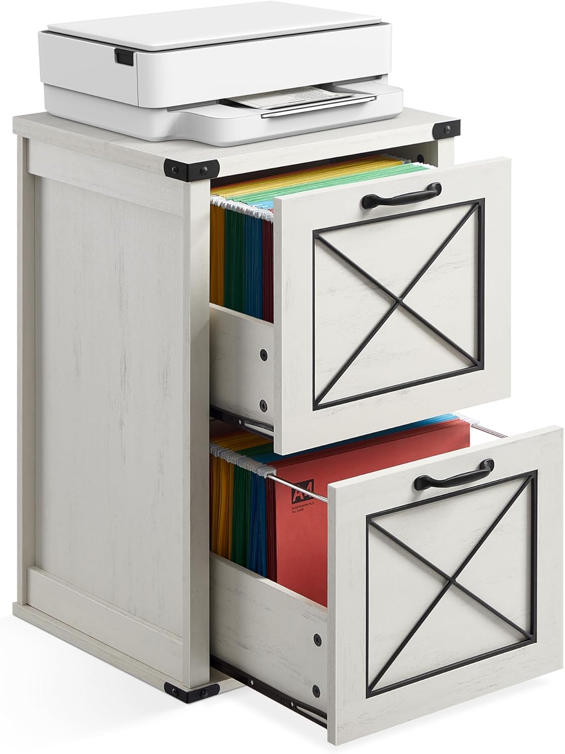 2 Drawer File Cabinet with Hanging File Storage, Farmhouse Filing Cabinet and Printer Stand for A4 and Letter Size Documents OFC048T series - with Rustic White | Sold by Uncle Wiener's Wholesale