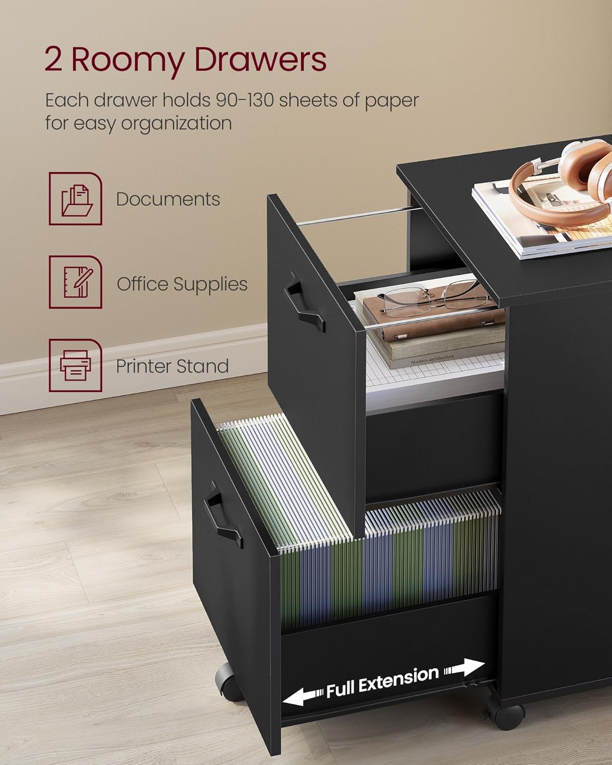 2 Drawer Mobile File Cabinet with Lockable Casters, Rolling Filing Cabinet and Printer Stand for A4 and Letter Size Documents Matte Black OFC040B16 - with | Sold by Uncle Wiener's Wholesale