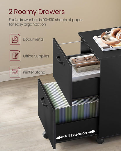 2 Drawer Mobile File Cabinet with Lockable Casters, Rolling Filing Cabinet and Printer Stand for A4 and Letter Size Documents Matte Black OFC040B16 - with | Sold by Uncle Wiener's Wholesale
