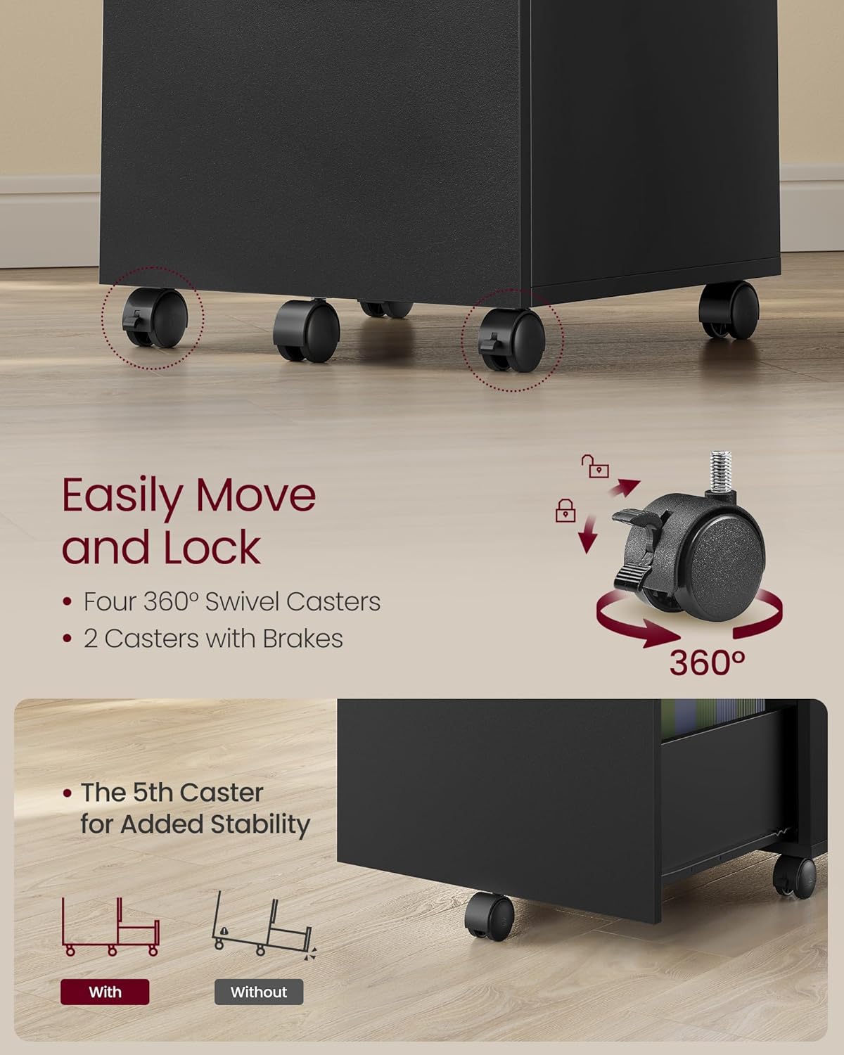 2 Drawer Mobile File Cabinet with Lockable Casters, Rolling Filing Cabinet and Printer Stand for A4 and Letter Size Documents Matte Black OFC040B16 - with | Sold by Uncle Wiener's Wholesale