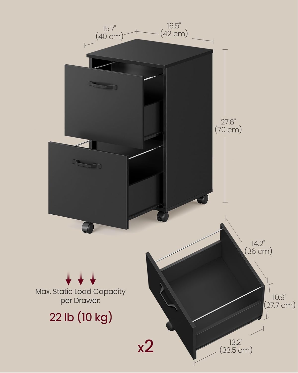 2 Drawer Mobile File Cabinet with Lockable Casters, Rolling Filing Cabinet and Printer Stand for A4 and Letter Size Documents Matte Black OFC040B16 - with | Sold by Uncle Wiener's Wholesale