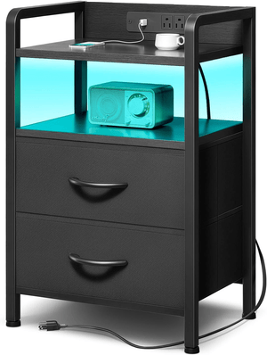 2-Drawer Nightstand with Charging Station, LED Light Strip &amp; Open Shelf Bedside Table DC041B