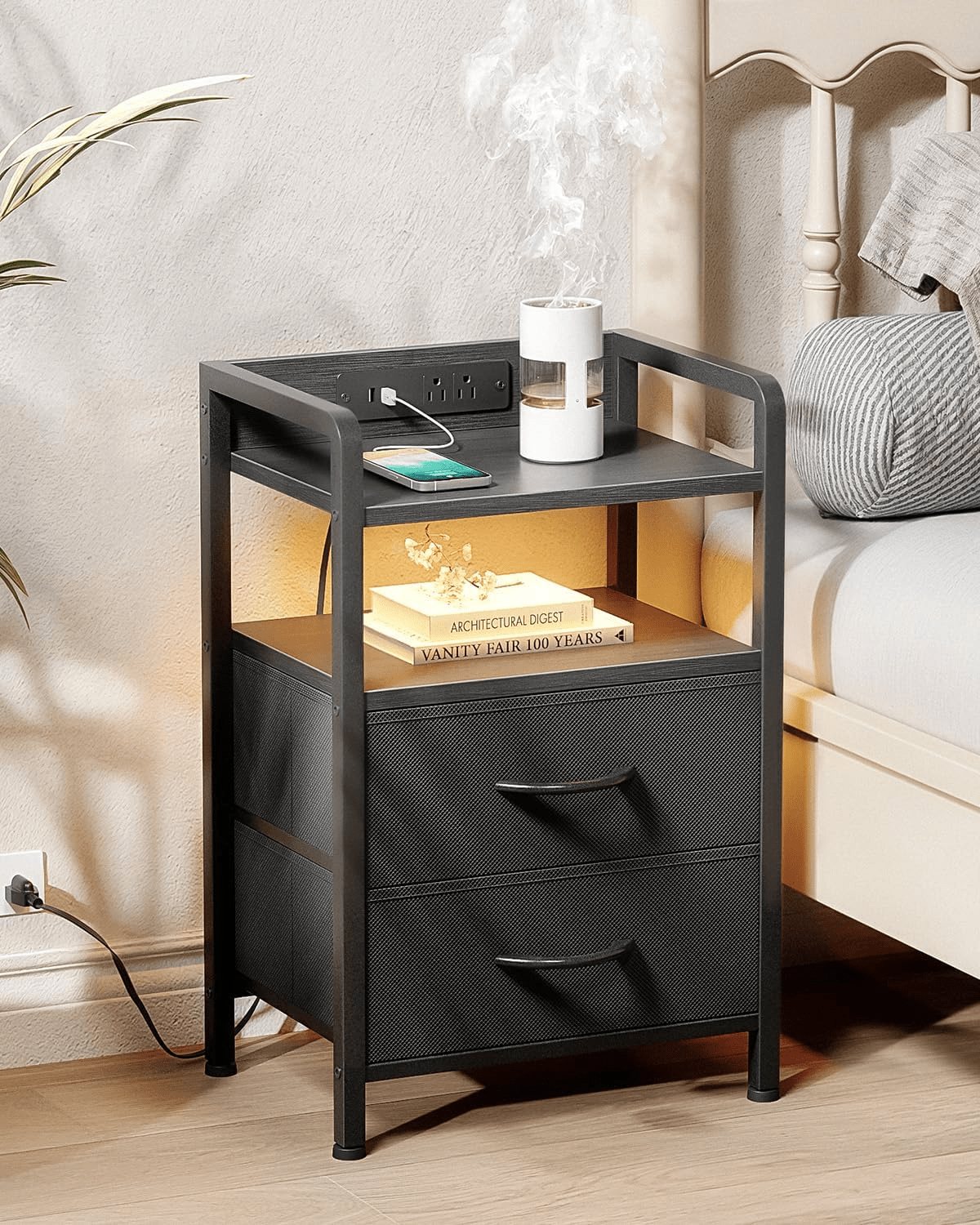 2-Drawer Nightstand with Charging Station, LED Light Strip &amp; Open Shelf Bedside Table DC041B - with | Sold by Uncle Wiener's Wholesale
