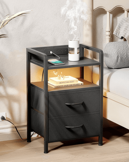 2-Drawer Nightstand with Charging Station, LED Light Strip &amp; Open Shelf Bedside Table DC041B - with | Sold by Uncle Wiener's Wholesale