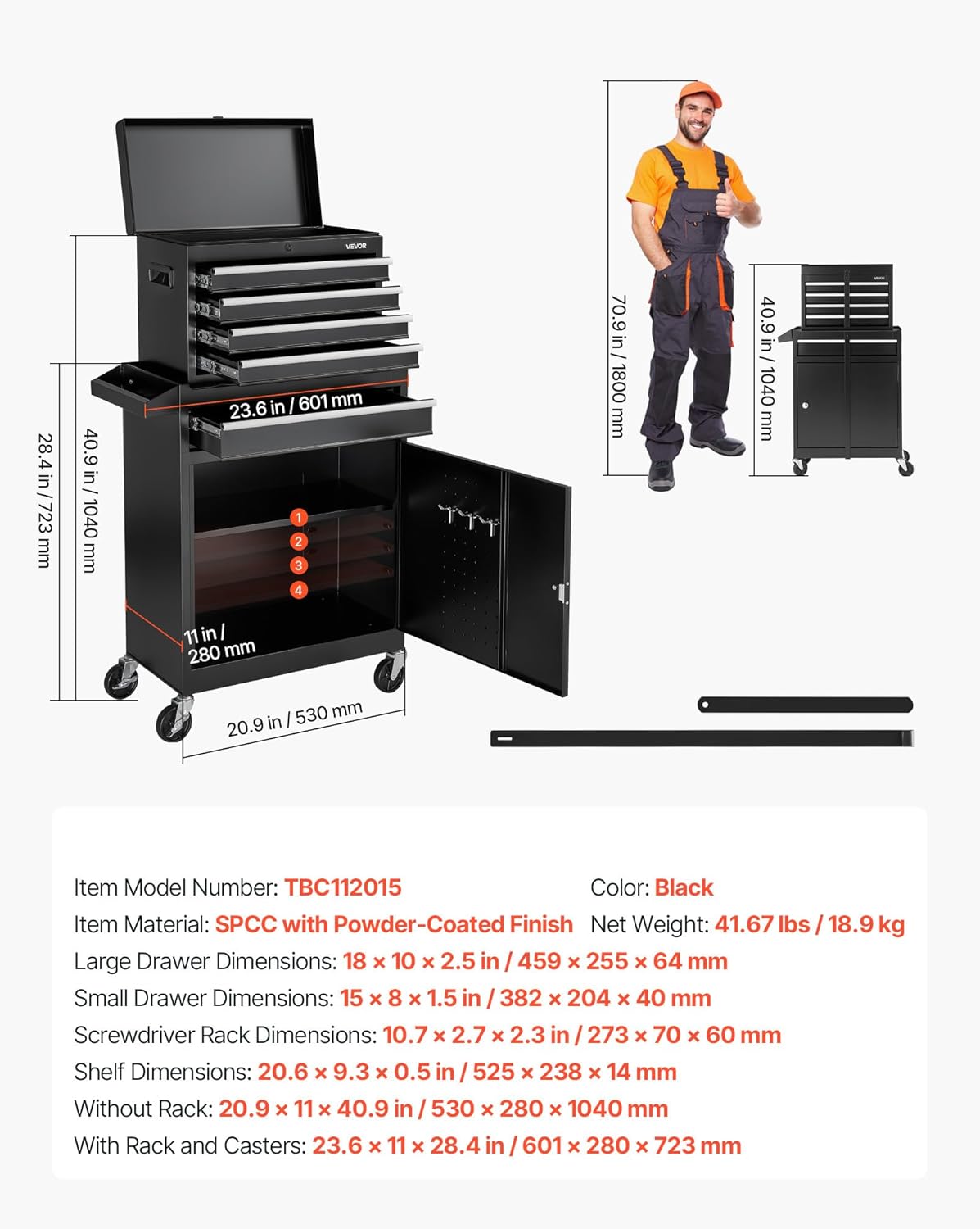 2-in-1 Detachable 5-Drawer Rolling Tool Chest Cabinet with Locking Casters, Hooks, EVA Liners & Perforated Tool Panel 203201 - with | Sold by Uncle Wiener's Wholesale