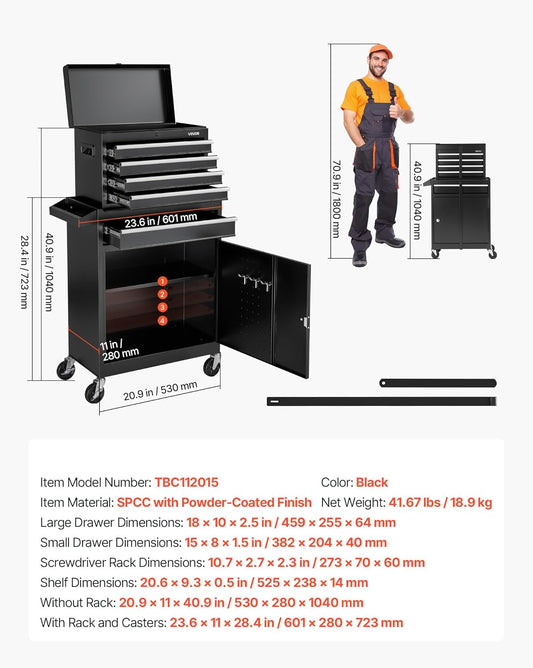 2-in-1 Detachable 5-Drawer Rolling Tool Chest Cabinet with Locking Casters, Hooks, EVA Liners & Perforated Tool Panel 203201 - with | Sold by Uncle Wiener's Wholesale
