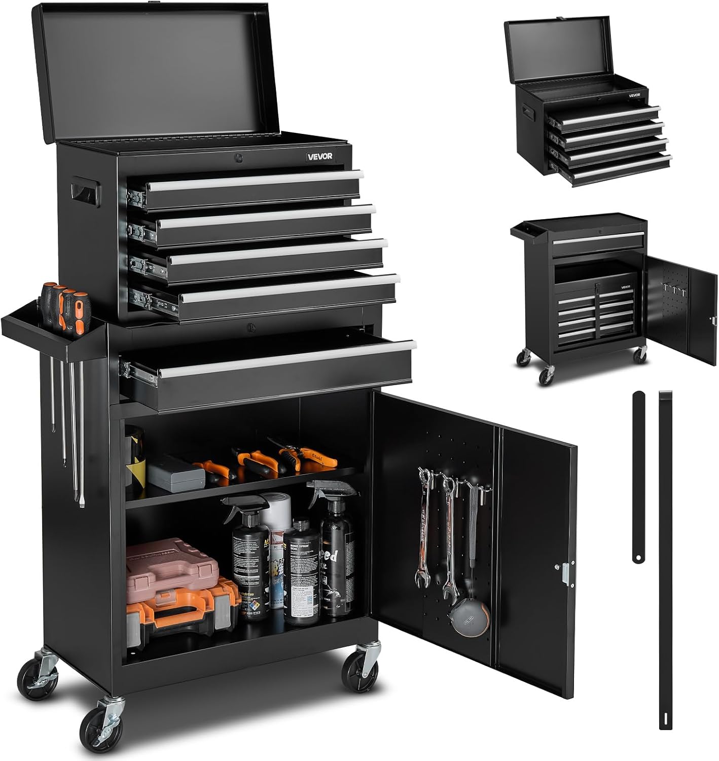 2-in-1 Detachable 5-Drawer Rolling Tool Chest Cabinet with Locking Casters, Hooks, EVA Liners & Perforated Tool Panel 203201 - with | Sold by Uncle Wiener's Wholesale
