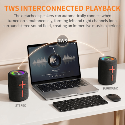 2-in-1 Magnetic Split TWS Bluetooth Speaker with Colourful LED Light, IPX5 Waterproof Design &amp; Portable Stereo Sound BKTWS2 - with | Sold by Uncle Wiener's Wholesale