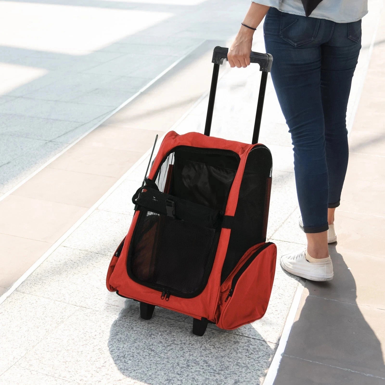 2 - in - 1 Pet Carrier with Wheels & Backpack – Red Travel Bag for Cats & Small Dogs IDC014 - Pet Carrier with | Sold by Uncle Wiener's Wholesale