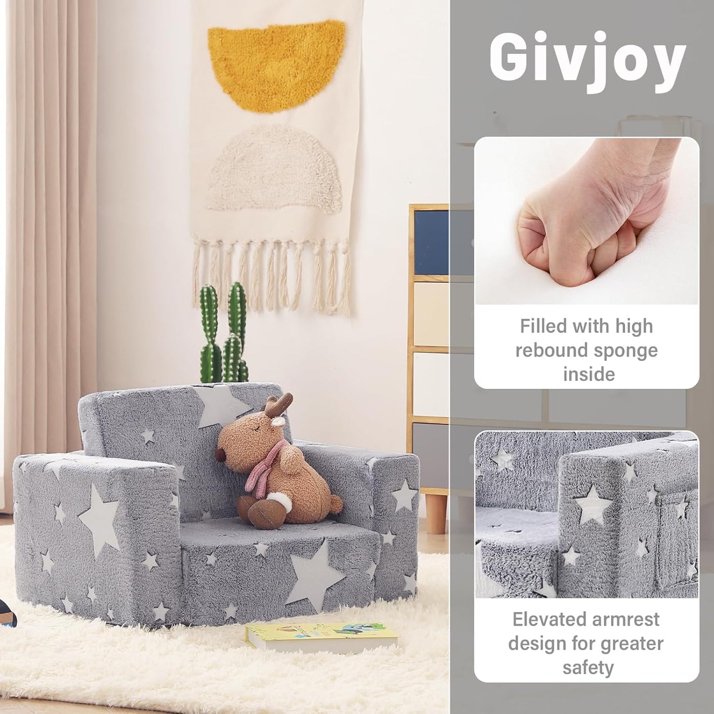 2 - in - 1 Toddler Chair Plush Kids Couch – Washable Cover, Glow in the Dark, Fold - Out Sofa with Handle & Storage Pocket – SKU 3848511 - with | Sold by Uncle Wiener's Wholesale