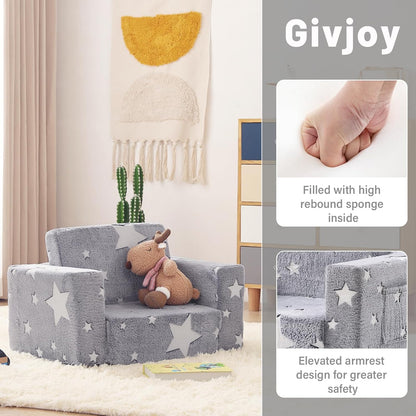 2 - in - 1 Toddler Chair Plush Kids Couch – Washable Cover, Glow in the Dark, Fold - Out Sofa with Handle & Storage Pocket – SKU 3848511 - with | Sold by Uncle Wiener's Wholesale