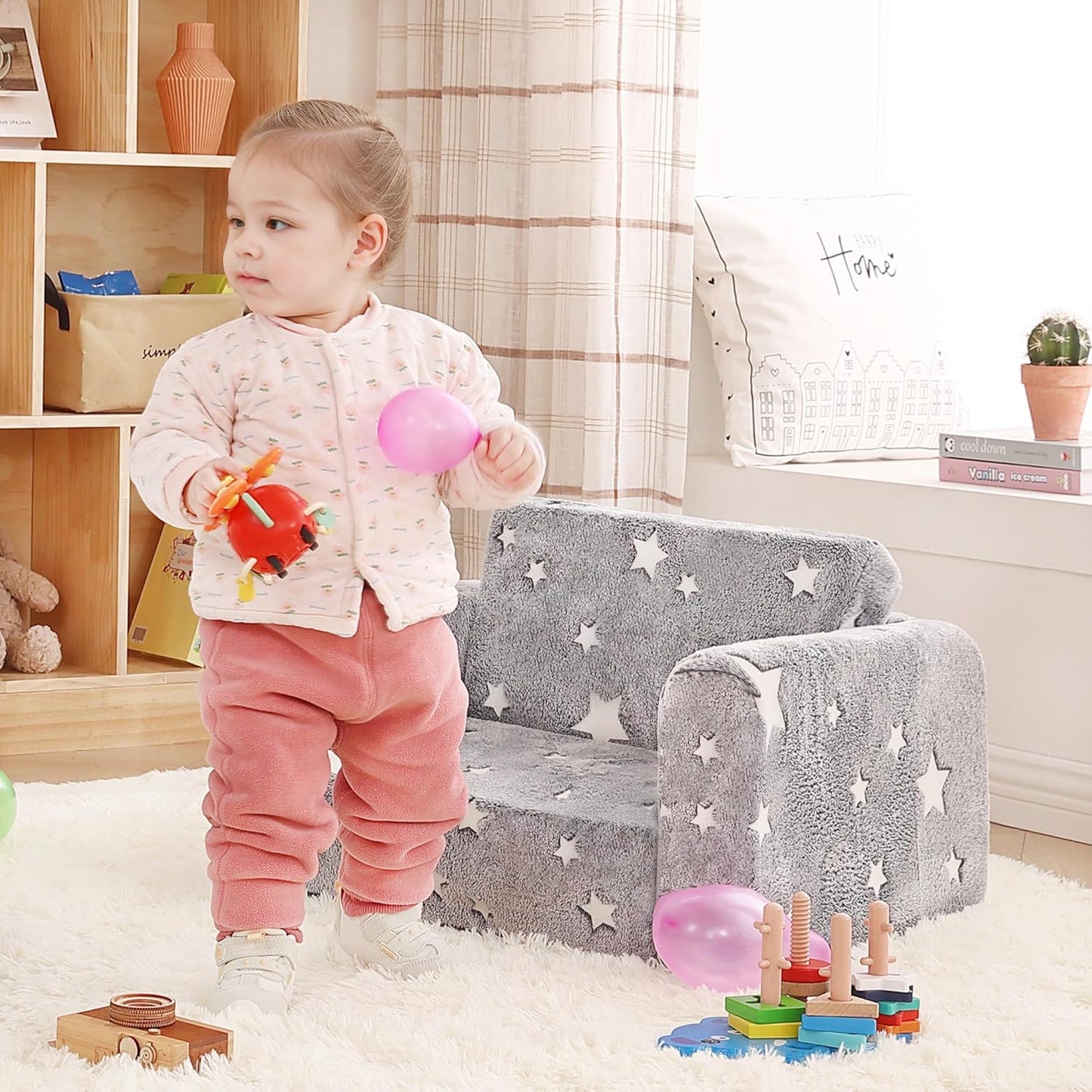 2 - in - 1 Toddler Chair Plush Kids Couch – Washable Cover, Glow in the Dark, Fold - Out Sofa with Handle & Storage Pocket – SKU 3848511 - with | Sold by Uncle Wiener's Wholesale