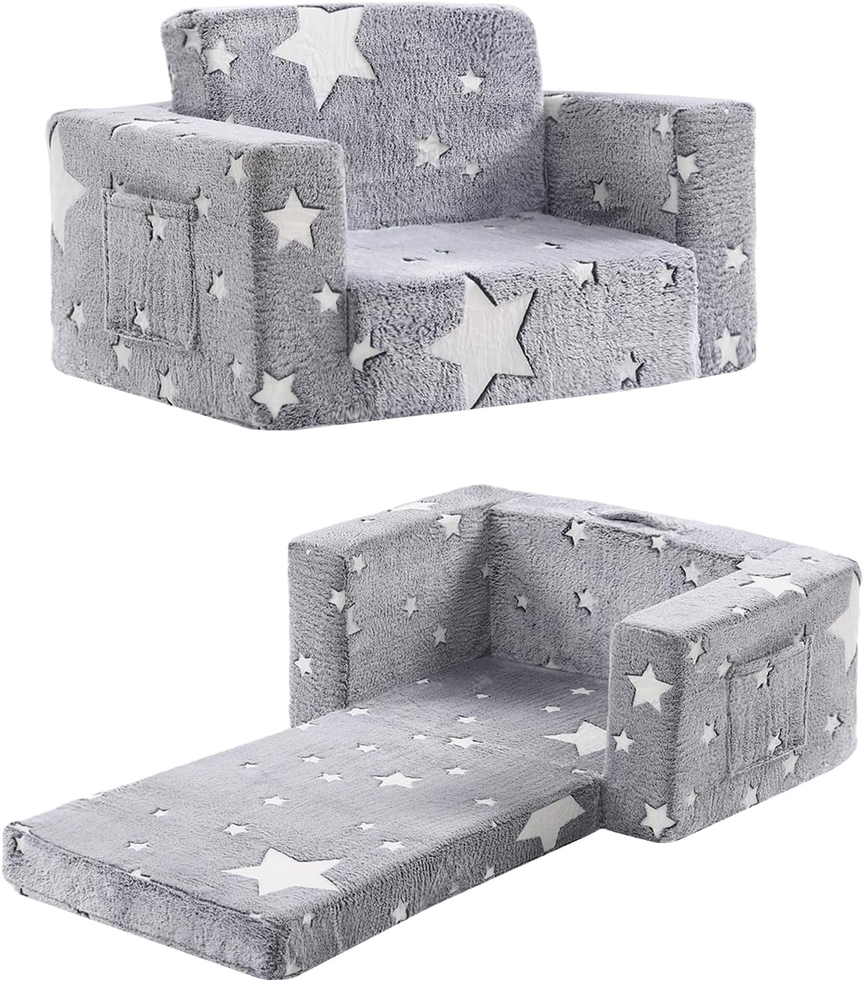 2 - in - 1 Toddler Chair Plush Kids Couch – Washable Cover, Glow in the Dark, Fold - Out Sofa with Handle & Storage Pocket – SKU 3848511 - with | Sold by Uncle Wiener's Wholesale