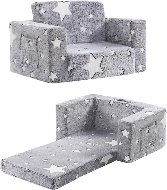 2 - in - 1 Toddler Chair Plush Kids Couch – Washable Cover, Glow in the Dark, Fold - Out Sofa with Handle & Storage Pocket – SKU 3848511 - with | Sold by Uncle Wiener's Wholesale