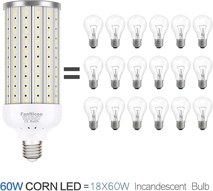 2 - Pack 60W LED Corn Light Bulbs – 5500 Lumen 6500K Daylight, 500W Equivalent, E26E27 Base, 360° Area Lighting for Garage & Warehouse – CL06022 - with | Sold by Uncle Wiener's Wholesale