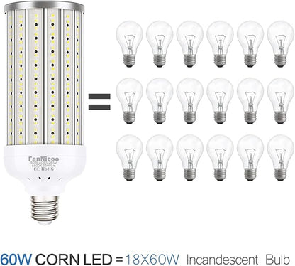 2 - Pack 60W LED Corn Light Bulbs – 5500 Lumen 6500K Daylight, 500W Equivalent, E26E27 Base, 360° Area Lighting for Garage & Warehouse – CL06022 - with | Sold by Uncle Wiener's Wholesale