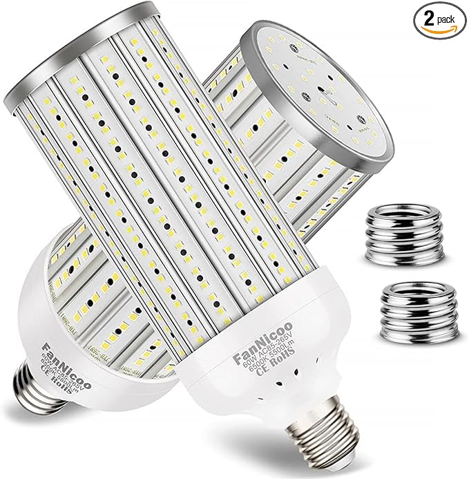 2 - Pack 60W LED Corn Light Bulbs – 5500 Lumen 6500K Daylight, 500W Equivalent, E26E27 Base, 360° Area Lighting for Garage & Warehouse – CL06022 - with | Sold by Uncle Wiener's Wholesale