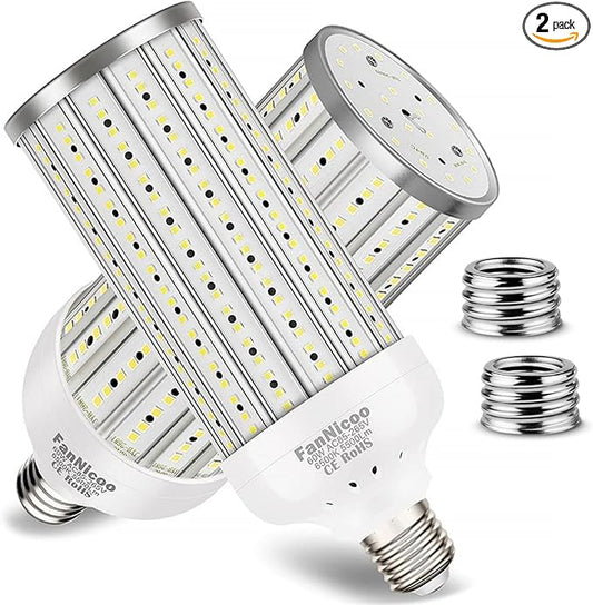 2 - Pack 60W LED Corn Light Bulbs – 5500 Lumen 6500K Daylight, 500W Equivalent, E26E27 Base, 360° Area Lighting for Garage & Warehouse – CL06022 - with | Sold by Uncle Wiener's Wholesale