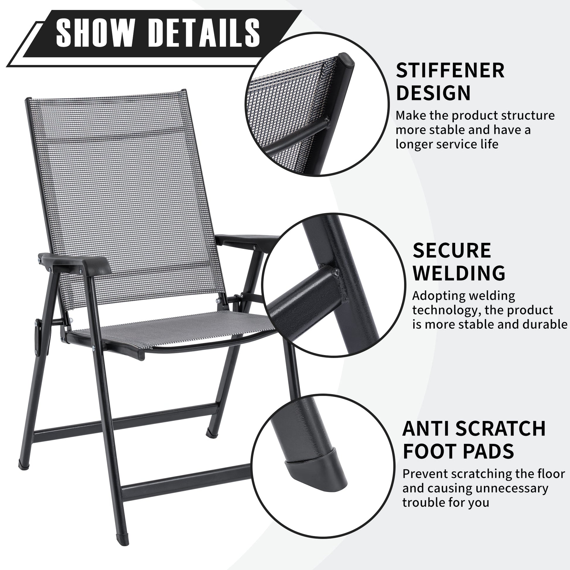 2 - Pack Outdoor Folding Patio Chairs Mesh Arm Chairs Gray AMOMC072 - with | Sold by Uncle Wiener's Wholesale