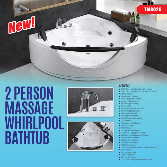 Luxury 2-person corner whirlpool bathtub with LED lighting, dual headrests, and hydrotherapy jets