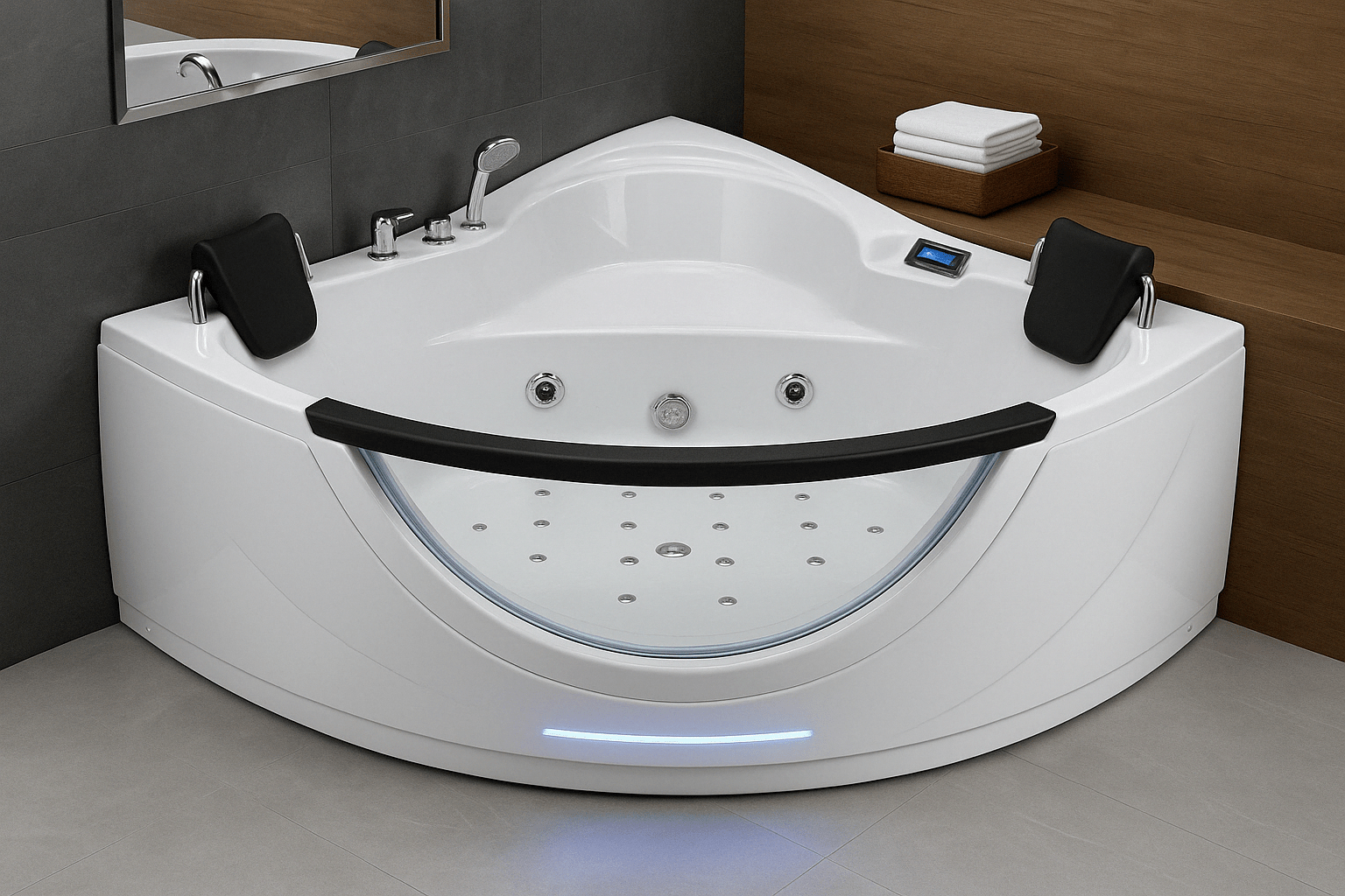 2-person corner whirlpool bathtub with LED lighting and black headrests