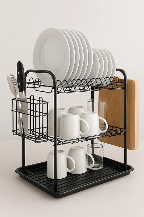 2 - Tier Metal Dish Drying Rack with Drain Board – Dual Layer Dish & Mug Organizer | Space - Saving Kitchen Counter Rack 817MDR - with | Sold by Uncle Wiener's Wholesale