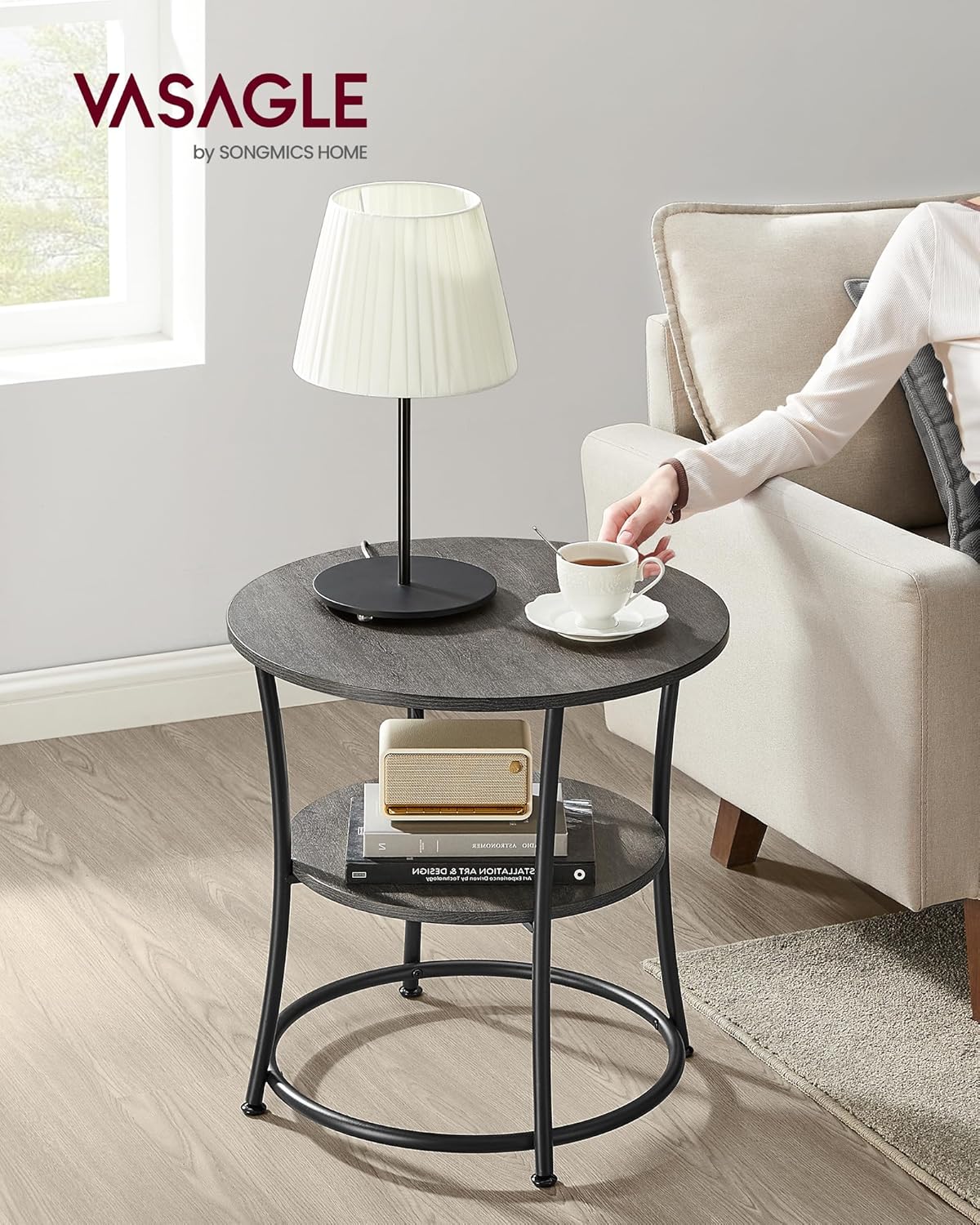 2 Tier Round Side Table, End Table with Storage Shelf and Steel Frame for Living Room, Bedroom and Small Spaces Misty Gray and Ink Black LET056G68 - with | Sold by Uncle Wiener's Wholesale