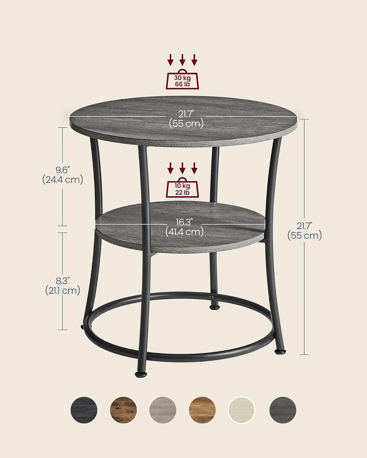 2 Tier Round Side Table, End Table with Storage Shelf and Steel Frame for Living Room, Bedroom and Small Spaces Misty Gray and Ink Black LET056G68 - with | Sold by Uncle Wiener's Wholesale