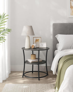 2 Tier Round Side Table, End Table with Storage Shelf and Steel Frame for Living Room, Bedroom and Small Spaces Misty Gray and Ink Black LET056G68