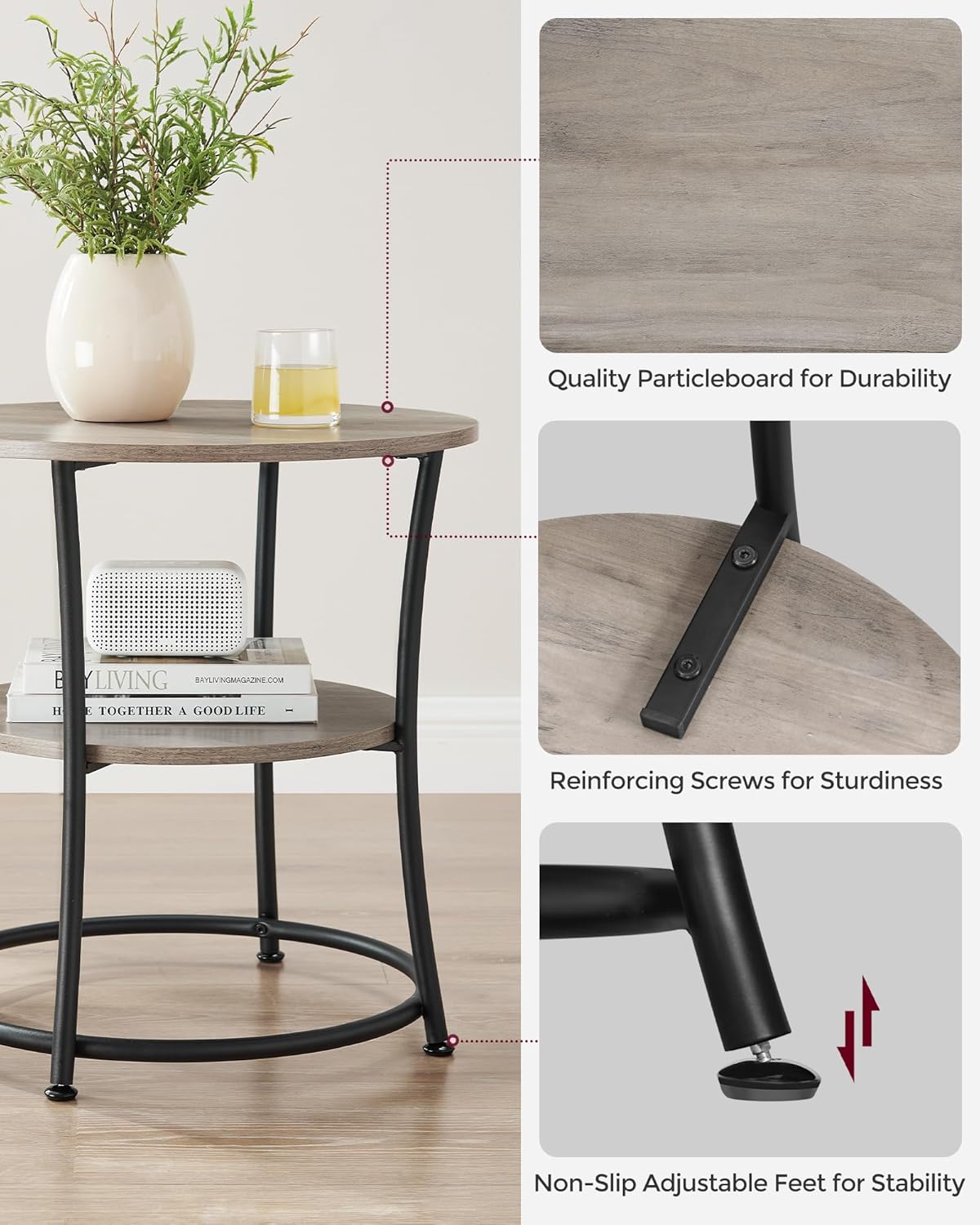 2 Tier Round Side Table with Storage Shelf, End Table, Nightstand for Living Room, Bedroom and Small Spaces Heather Greige and Ink Black LET56BG - with | Sold by Uncle Wiener's Wholesale