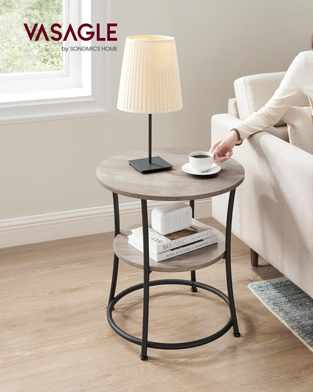2 Tier Round Side Table with Storage Shelf, End Table, Nightstand for Living Room, Bedroom and Small Spaces Heather Greige and Ink Black LET56BG - with | Sold by Uncle Wiener's Wholesale