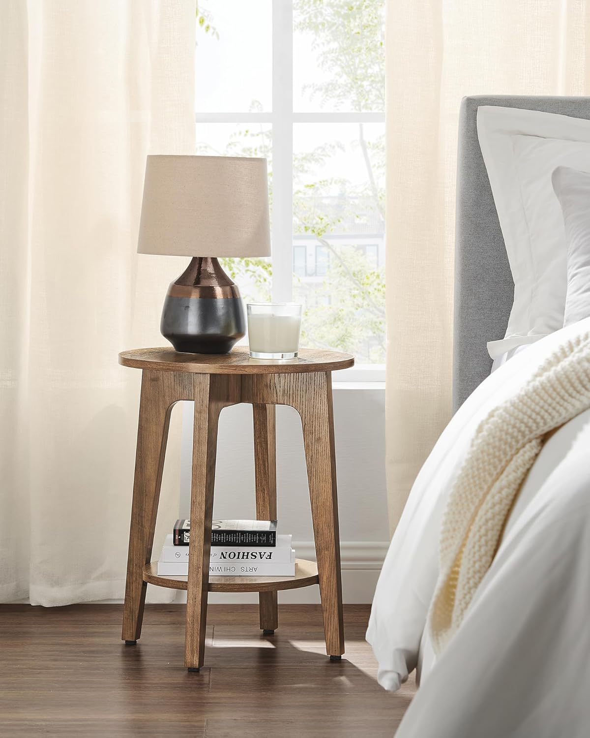 2 Tier Round Side Table with Storage Shelf, Small Nightstand with Tapered Legs for Living Room and Bedroom Honey Brown LET283T41V1 - with | Sold by Uncle Wiener's Wholesale