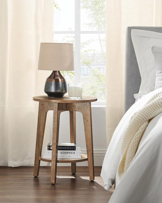 2 Tier Round Side Table with Storage Shelf, Small Nightstand with Tapered Legs for Living Room and Bedroom Honey Brown LET283T41V1 - with | Sold by Uncle Wiener's Wholesale